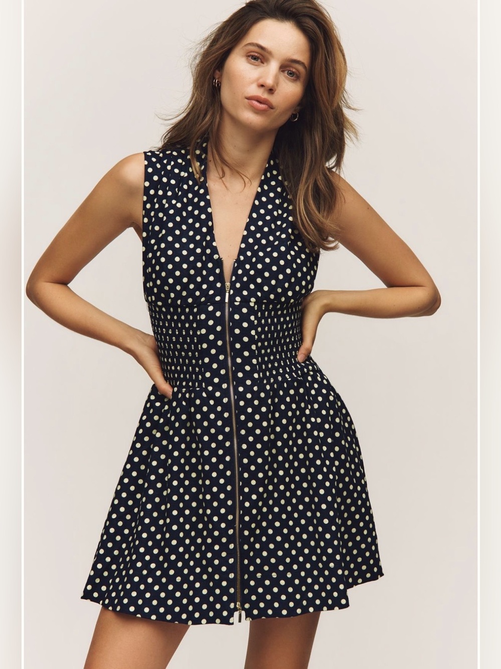 Anthropologie Tommie Cap-Sleeve Linen Smocked Front-Zip Mini Dress With Pockets